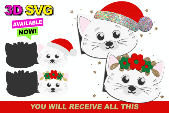 Download Cute Cat Christmas Card 3D SVG - Christmas Collection